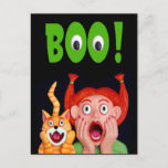 Scary Halloween Boo Briefkaart<br><div class="desc">Rastig geschilderd meisje en kattenpersonage gemaakt van polymeerklei,  gebakken in de oven,  geschilderd met acrylvezels. gefotografeerd en digitaal verbeterd. Volg mijn Amy Vangsgard Party Blog    athttp://amyvangsgardpartyblog.blogspot.com en http://https://www.facebook.com/AmyVangsgardArtist</div>