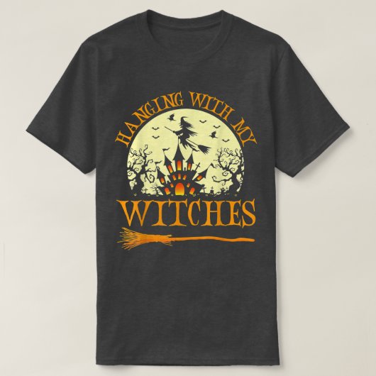 Scary Halloween design met heks, heksenbezem, ba T-shirt (Design voorkant)