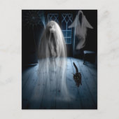 Scary Halloween Ghost en Black Cat Briefkaart (Voorkant)
