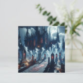 Scary Halloween Haunted Castle Cemetery Feestdagenkaart (Staand voorkant)