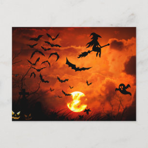 Scary Halloween Night - Witch, Bats, Ghost Feestdagenkaart