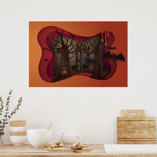 Scary Halloween Papercut Tree in Graveyard Poster (Keuken)