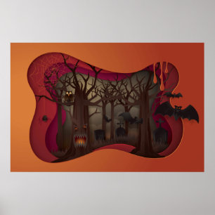 Scary Halloween Papercut Tree in Graveyard Poster