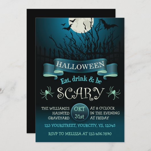 Scary Halloween party-uitnodiging in donkerblauw Kaart (Voorkant / Achterkant)