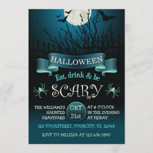 Scary Halloween party-uitnodiging in donkerblauw Kaart