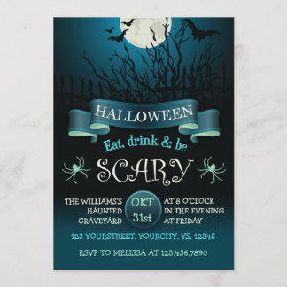 Scary Halloween party-uitnodiging in donkerblauw Kaart