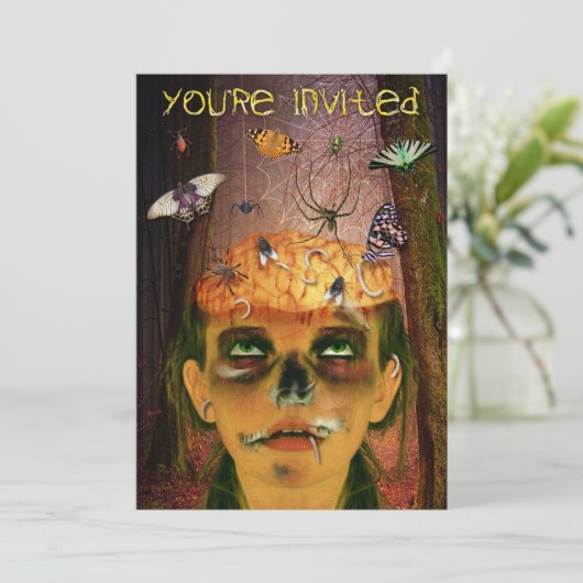 Scary Halloween Party | Zombie Brain Bugs Creepy Kaart (Staand voorkant)