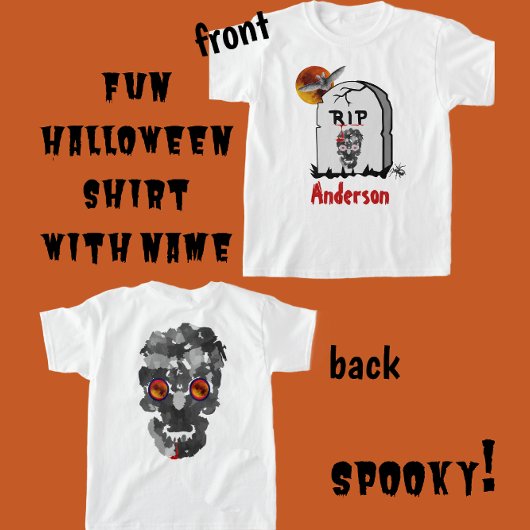 Scary Halloween Tombstone, Bat, Skull en Name T-shirt