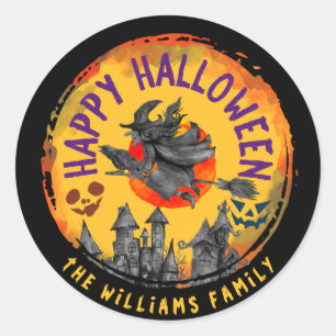 Scary Happy Halloween Oranje Witch Broomstick Ronde Sticker