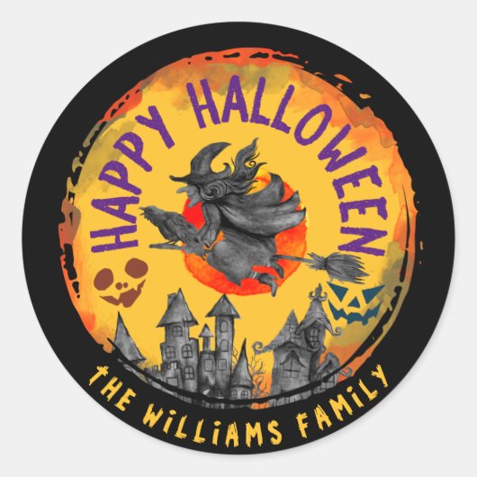 Scary Happy Halloween Oranje Witch Broomstick Ronde Sticker (Voorkant)