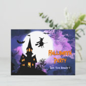 Scary Haunted Castle Flying Witch Halloween Party Kaart (Staand voorkant)