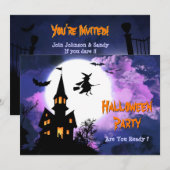 Scary Haunted Castle Flying Witch Halloween Party Kaart (Voorkant / Achterkant)