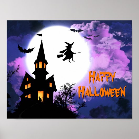 Scary Haunted Castle Flying Witch Halloween Party Poster (Voorkant)