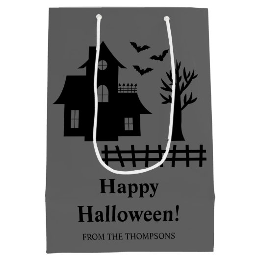 Scary Haunted House Silhouette Happy Halloween Medium Cadeauzakje (Achterkant)
