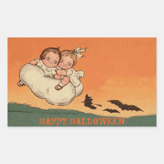 Scary Kinder Bats and Witch on Broom Happy Hallowe Rechthoekige Sticker (Voorkant)