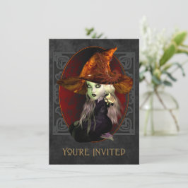 Scary Little Witch Halloween Party Invitation Kaart