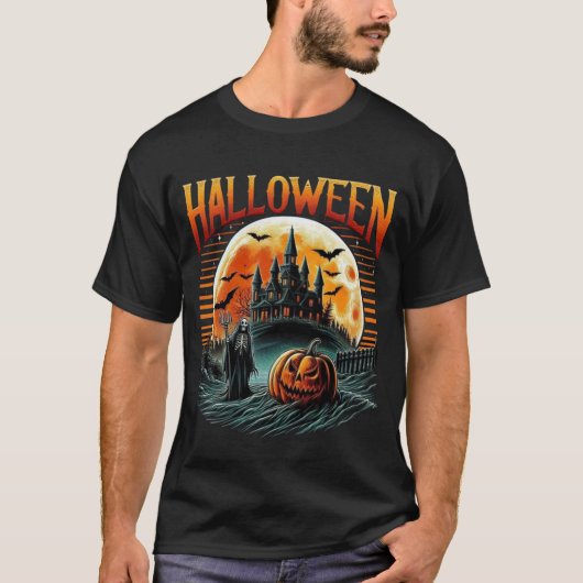 Scary Moonlit Haunted Castle Grim Reaper Halloween T-shirt (Voorkant)