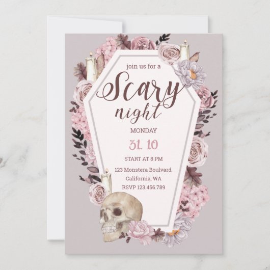 Scary Night Floral Skull Halloween Party Kaart (Voorkant)