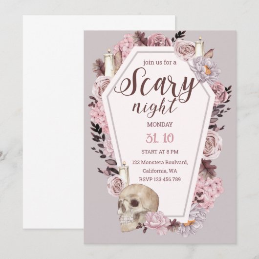 Scary Night Floral Skull Halloween Party Kaart (Voorkant / Achterkant)
