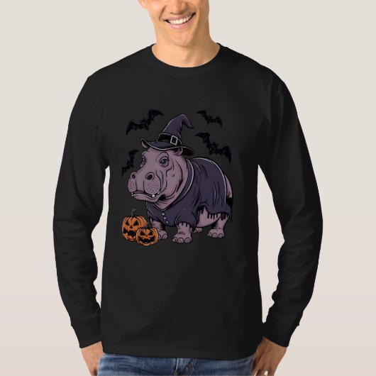 Scary Pumpkin Bat Funny Witch Pet Hippopotamus Hal T-shirt (Voorkant)