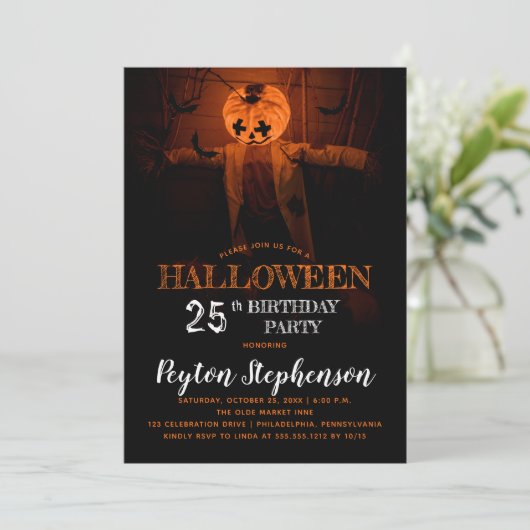 Scary Pumpkin Halloween 25th Birthday Party Kaart (Staand voorkant)