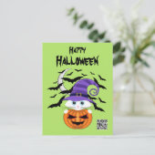 Scary Pumpkin met een wit Kat en heks Pet Briefkaart (Staand voorkant)