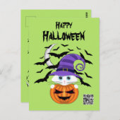 Scary Pumpkin met een wit Kat en heks Pet Briefkaart (Voorkant / Achterkant)