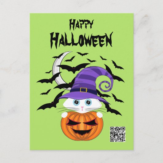 Scary Pumpkin met een wit Kat en heks Pet Briefkaart (Voorkant)