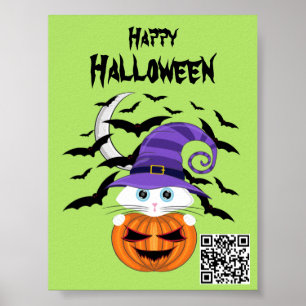 Scary Pumpkin met een wit Kat en heks Pet Poster