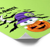Scary Pumpkin met een wit Kat en heks Pet Poster (Hoek)