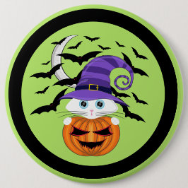 Scary Pumpkin met een wit Kat en heks Pet Ronde Button 6,0 Cm