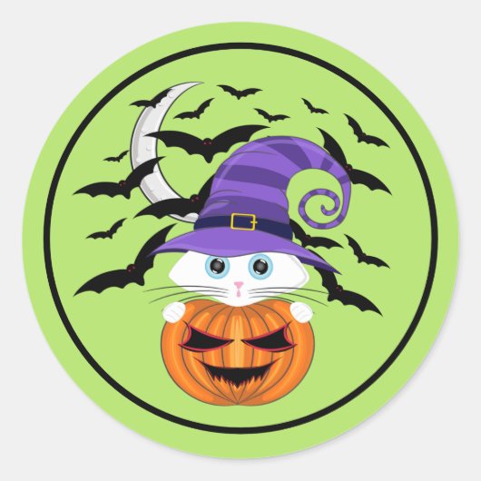 Scary Pumpkin met een wit Kat en heks Pet Ronde Sticker (Voorkant)