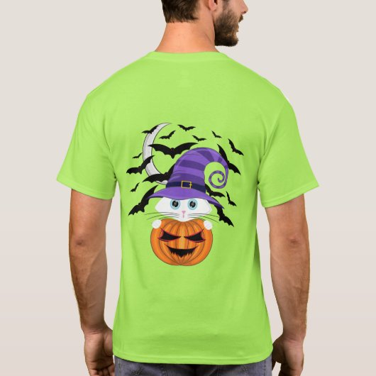 Scary Pumpkin met een wit Kat en heks Pet T-shirt (Achterkant)