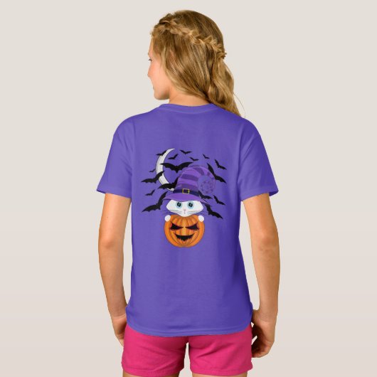Scary Pumpkin met een wit Kat en heks Pet T-shirt (Achterkant volledig)