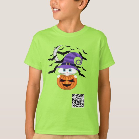 Scary Pumpkin met een wit Kat en heks Pet T-shirt (Voorkant)