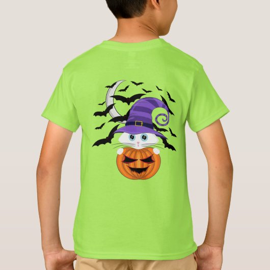 Scary Pumpkin met een wit Kat en heks Pet T-shirt (Achterkant)