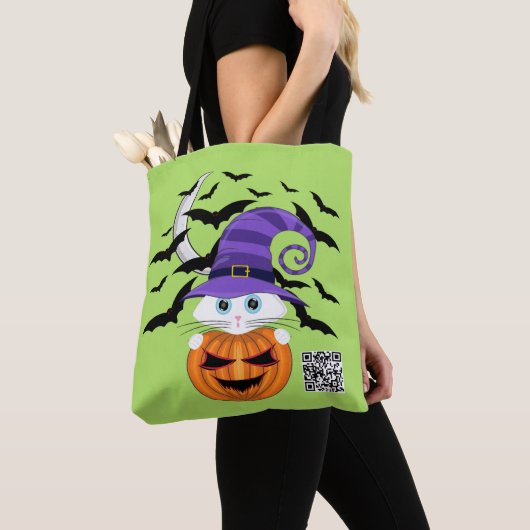 Scary Pumpkin met een wit Kat en heks Pet Tote Bag (Dichtbij)