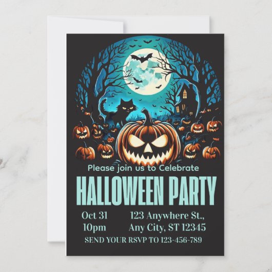 Scary Pumpkin Moonlit Halloween Party Invite Kaart (Voorkant)