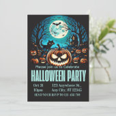 Scary Pumpkin Moonlit Halloween Party Invite Kaart (Staand voorkant)