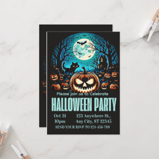 Scary Pumpkin Moonlit Halloween Party Invite Kaart
