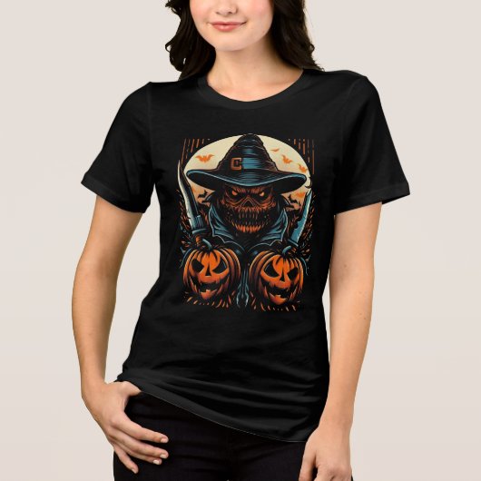 Scary Pumpkin Scarecrow & Knives Halloween Killer Tri-Blend Shirt (Voorkant)