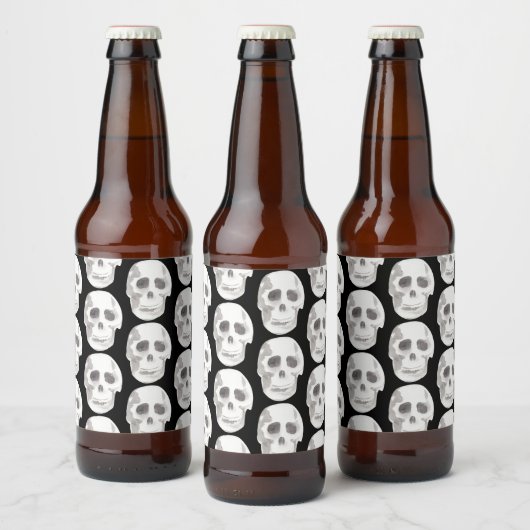 Scary Scull Black & White Pattern|Happy Halloween Bier Etiket (Flessen)