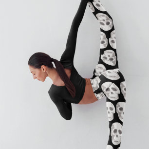 Scary Scull Black & White Pattern Happy Halloween Leggings