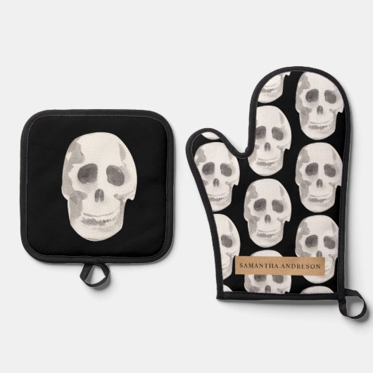 Scary Scull Black & White Pattern|Happy Halloween Ovenwant & Pannenlap Set (Voorkant)