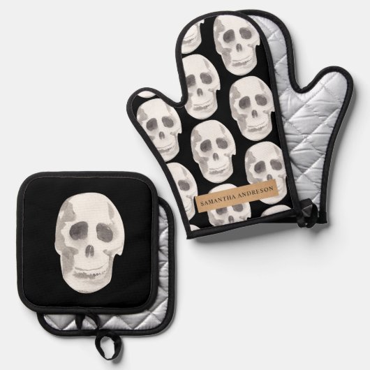 Scary Scull Black & White Pattern|Happy Halloween Ovenwant & Pannenlap Set (Voorkant / Achterkant)