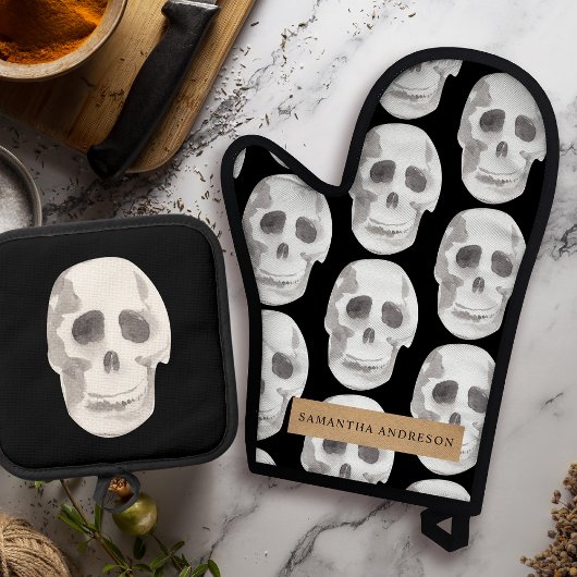 Scary Scull Black & White Pattern|Happy Halloween Ovenwant & Pannenlap Set