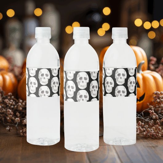 Scary Scull Black & White Pattern|Happy Halloween Waterfles Etiket