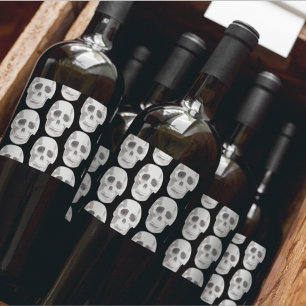 Scary Scull Black & White Pattern Happy Halloween Wijn Etiket