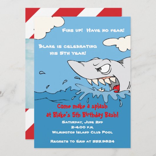 Scary Shark Birthday Pool Party Invite Kaart (Voorkant / Achterkant)