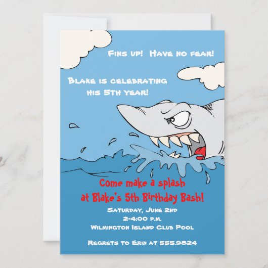 Scary Shark Birthday Pool Party Invite Kaart (Voorkant)